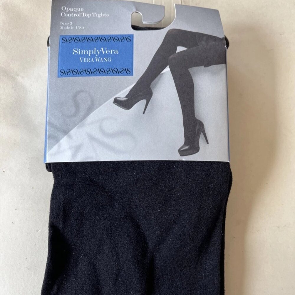 NWT Vera Wang Black Opaque Tights Control Top Size 3 Layering Essential